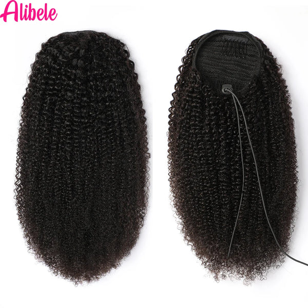 Alibele Mogolian Human Hair Kinky Curly Drawstring Ponytail