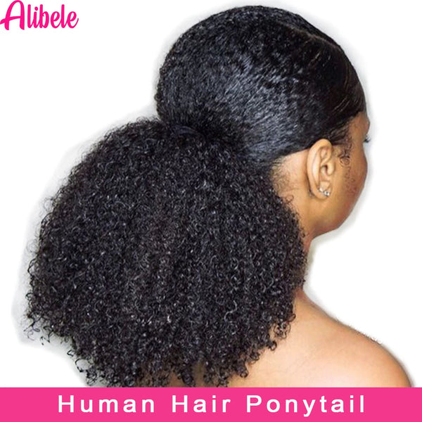 Alibele Mogolian Human Hair Kinky Curly Drawstring Ponytail