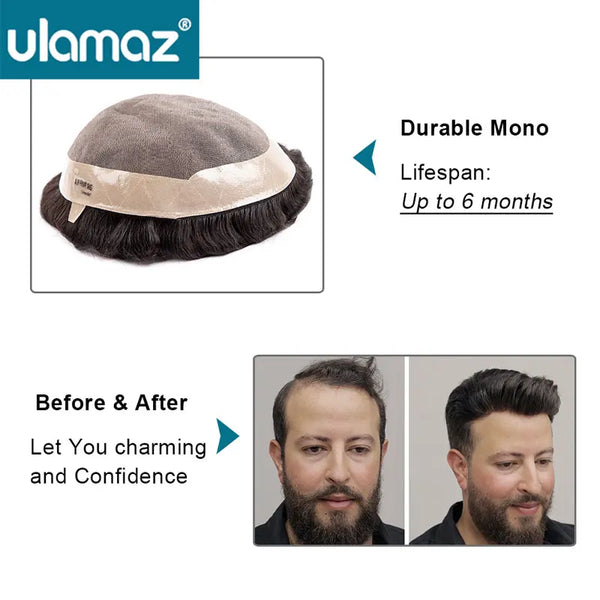 Ulamaz Indian Men's 100% Human Capillary Hair System