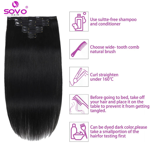 SOVO 100% Remy Human Hair Extension 100gr or 200gr Clip-Ons