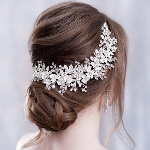 Forseven Silver Rhinestone Flower Bridal Tiaras/Hair Comb