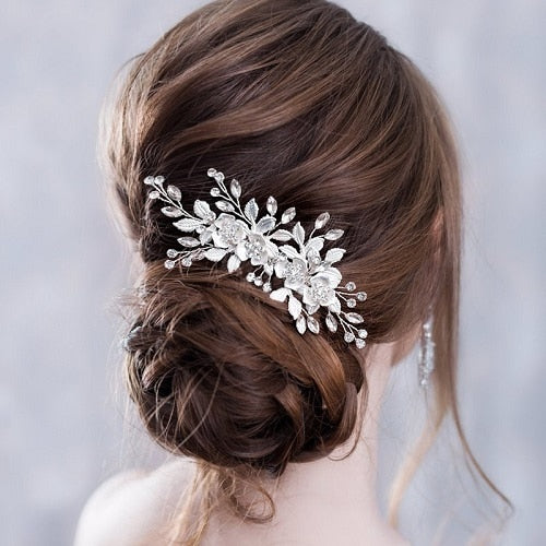 Forseven Silver Rhinestone Flower Bridal Tiaras/Hair Comb
