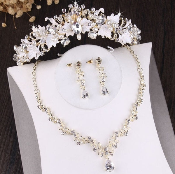George Black Baroque Vintage Crystal Leaf Pearl Wedding Tiara Jewelry Set