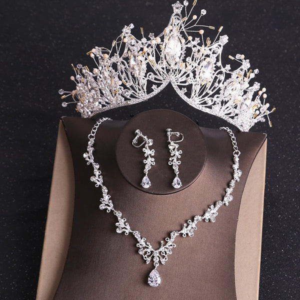 KMVEXO Rhinestone Bridal Crystal Gold Tiara Jewelry Set